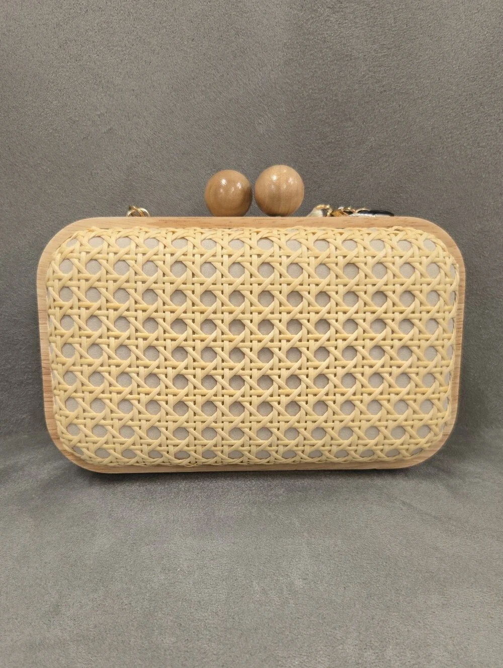 Tommy Bahama Beige Woven Rattan Clutch with Wooden Bead Closure